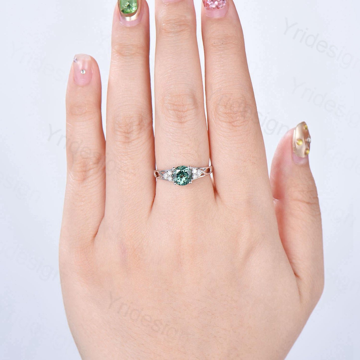 Vintage Green Sapphire Engagement Ring White Gold Solid 10K/14K/18K Gold Unique Cluster Moissanite Diamond Wedding Ring Anniversary gift