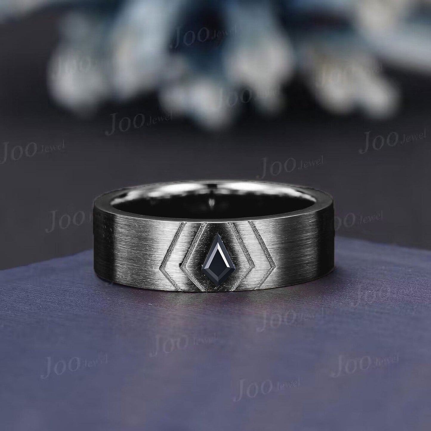 Men's Black Spinel Wedding Band Kite Black Onyx Band 6mm Brushed Finished Band Sterling Silver Gothic Vintage Male Marriage Ring