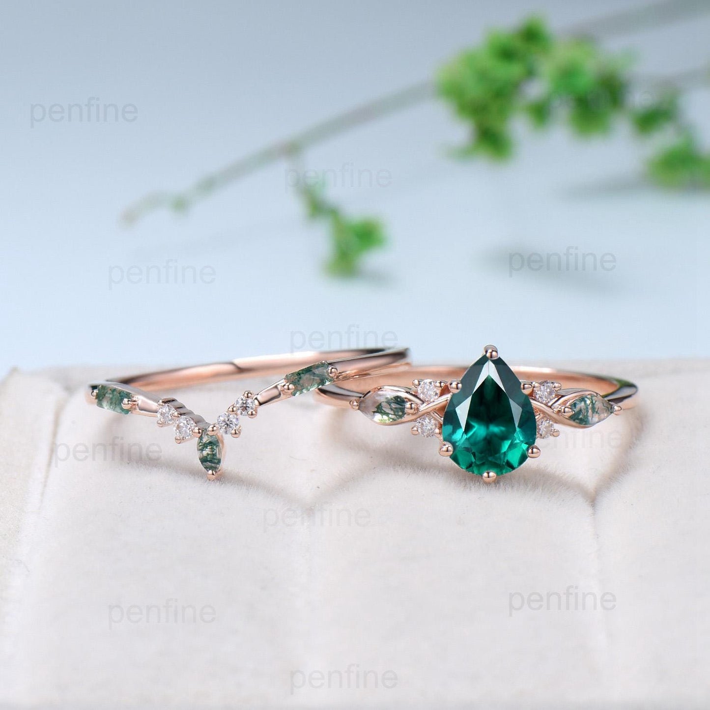 Vintage Pear Shaped Emerald Engagement Ring Set Unique 14k Rose Gold Vine Marquise Baguette Moss Agate Wedding Ring Set Ring Promise Gift