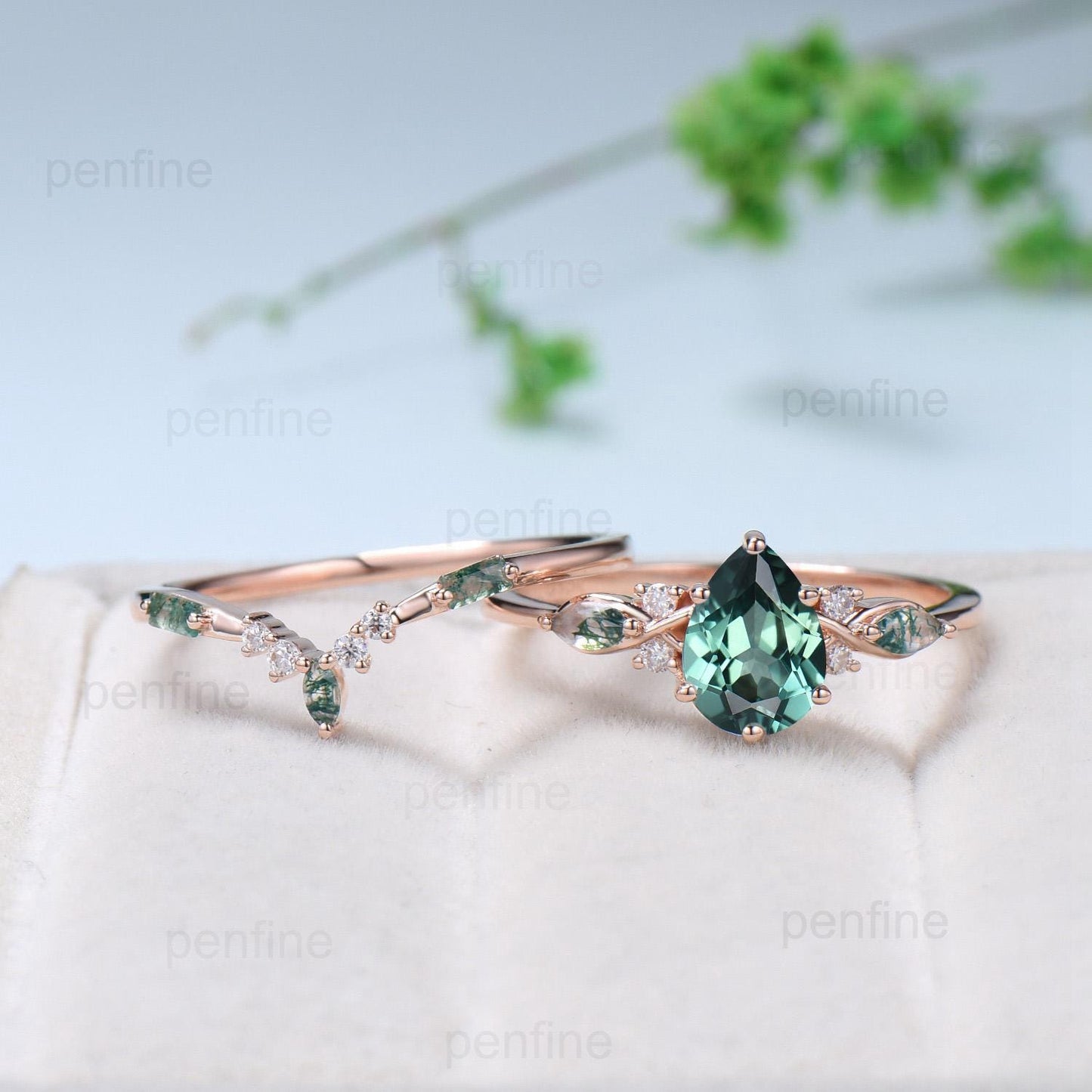 Vintage Pear Shaped Green Teal Sapphire Engagement Ring Set Unique 14k Rose Gold Vine Moss Agate Bridal Set Anniversary Promise Ring Gift