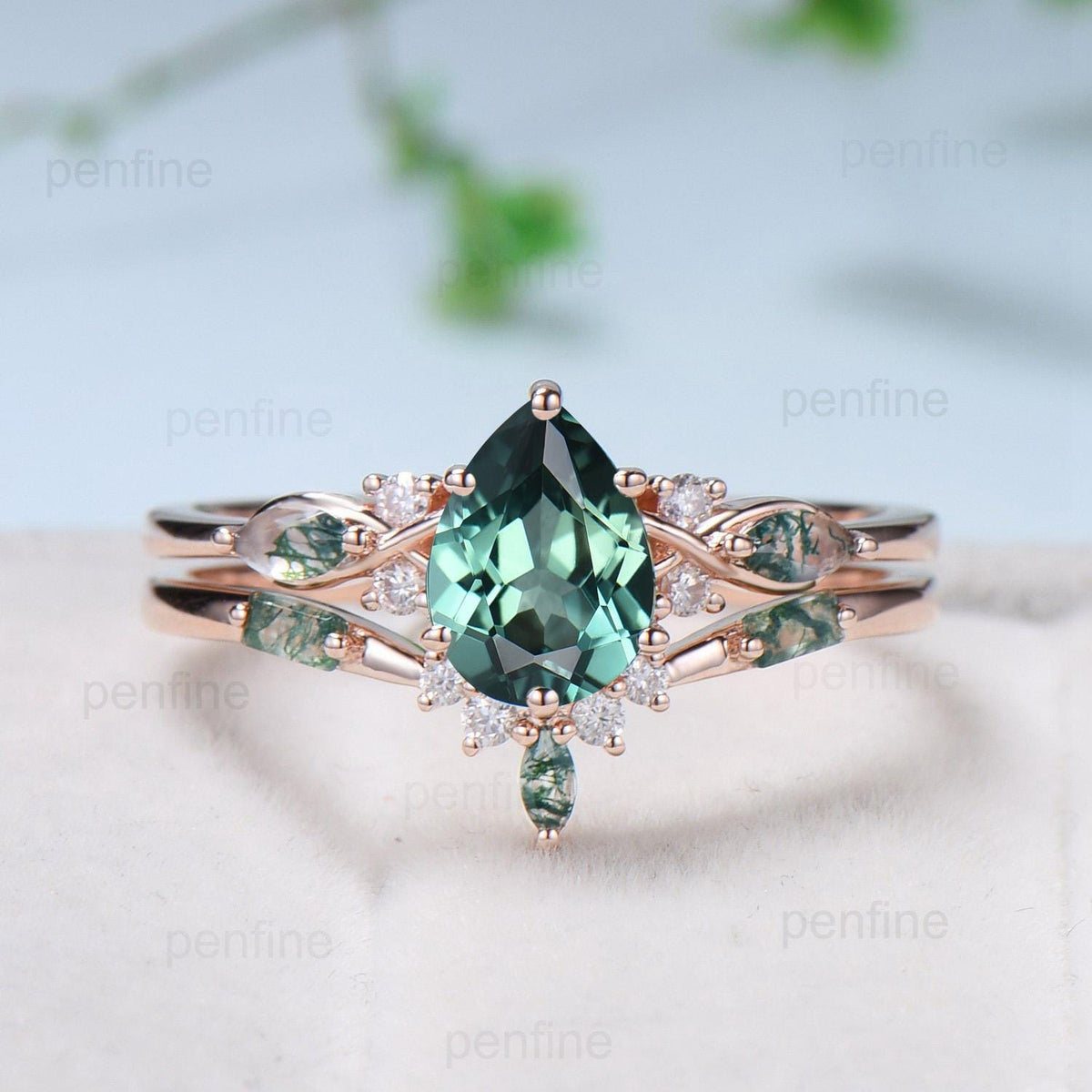 Vintage Pear Shaped Green Teal Sapphire Engagement Ring Set Unique 14k Rose Gold Vine Moss Agate Bridal Set Anniversary Promise Ring Gift
