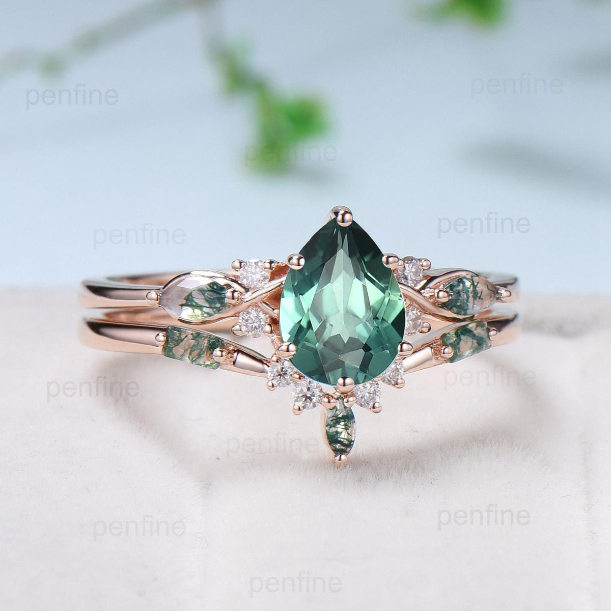 Vintage Pear Shaped Green Teal Sapphire Engagement Ring Set Unique 14k Rose Gold Vine Moss Agate Bridal Set Anniversary Promise Ring Gift