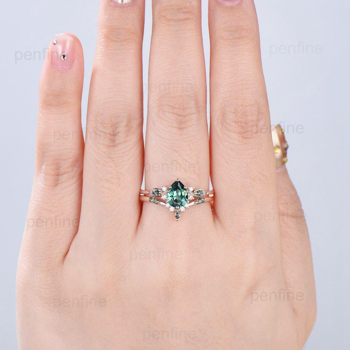 Vintage Pear Shaped Green Teal Sapphire Engagement Ring Set Unique 14k Rose Gold Vine Moss Agate Bridal Set Anniversary Promise Ring Gift