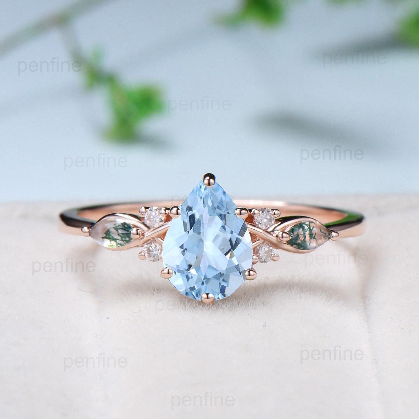 Vintage Pear Shaped Natural Aquamarine Engagement Ring Set Unique 14k Rose Gold Vine Marquise Green Agate Wedding Ring Set Ring for Women