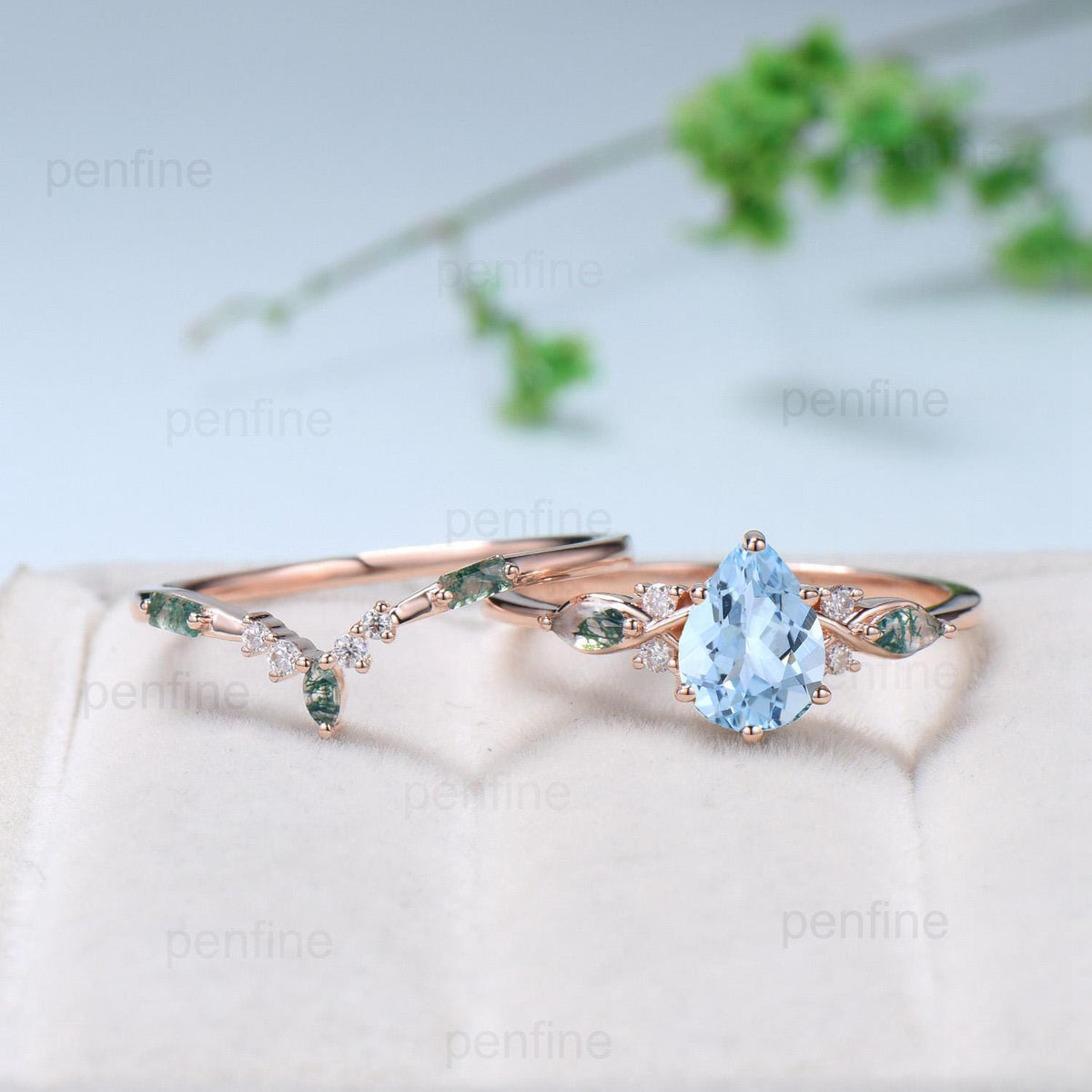 Vintage Pear Shaped Natural Aquamarine Engagement Ring Set Unique 14k Rose Gold Vine Marquise Green Agate Wedding Ring Set Ring for Women