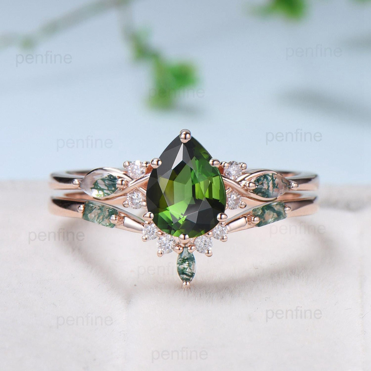 Vintage Pear Shaped Natural Green Tourmaline Engagement Ring Set Elegant 14k Rose Gold Moss Marquise Agate Wedding Ring Set Ring for Women