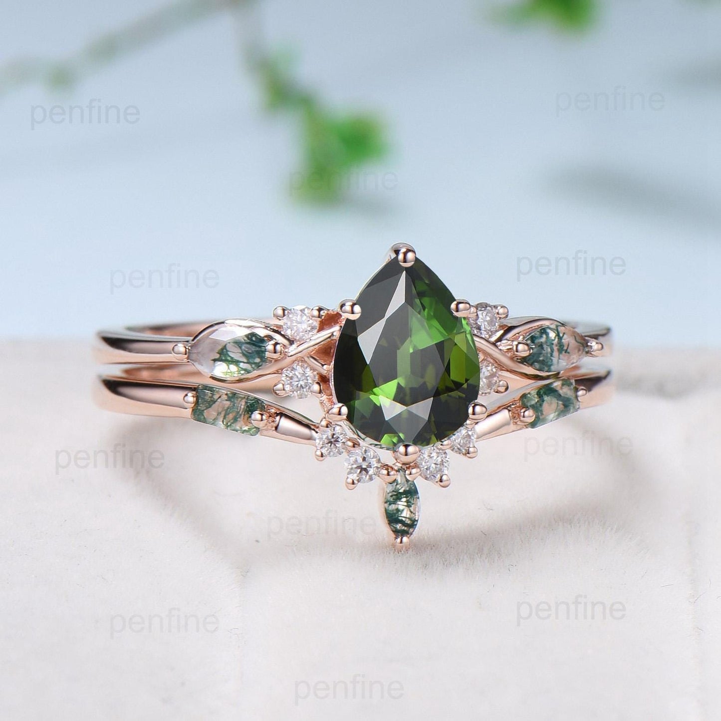 Vintage Pear Shaped Natural Green Tourmaline Engagement Ring Set Elegant 14k Rose Gold Moss Marquise Agate Wedding Ring Set Ring for Women