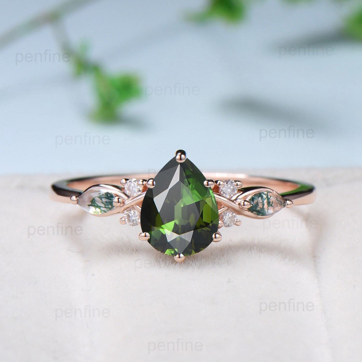 Vintage Pear Shaped Natural Green Tourmaline Engagement Ring Set Elegant 14k Rose Gold Moss Marquise Agate Wedding Ring Set Ring for Women