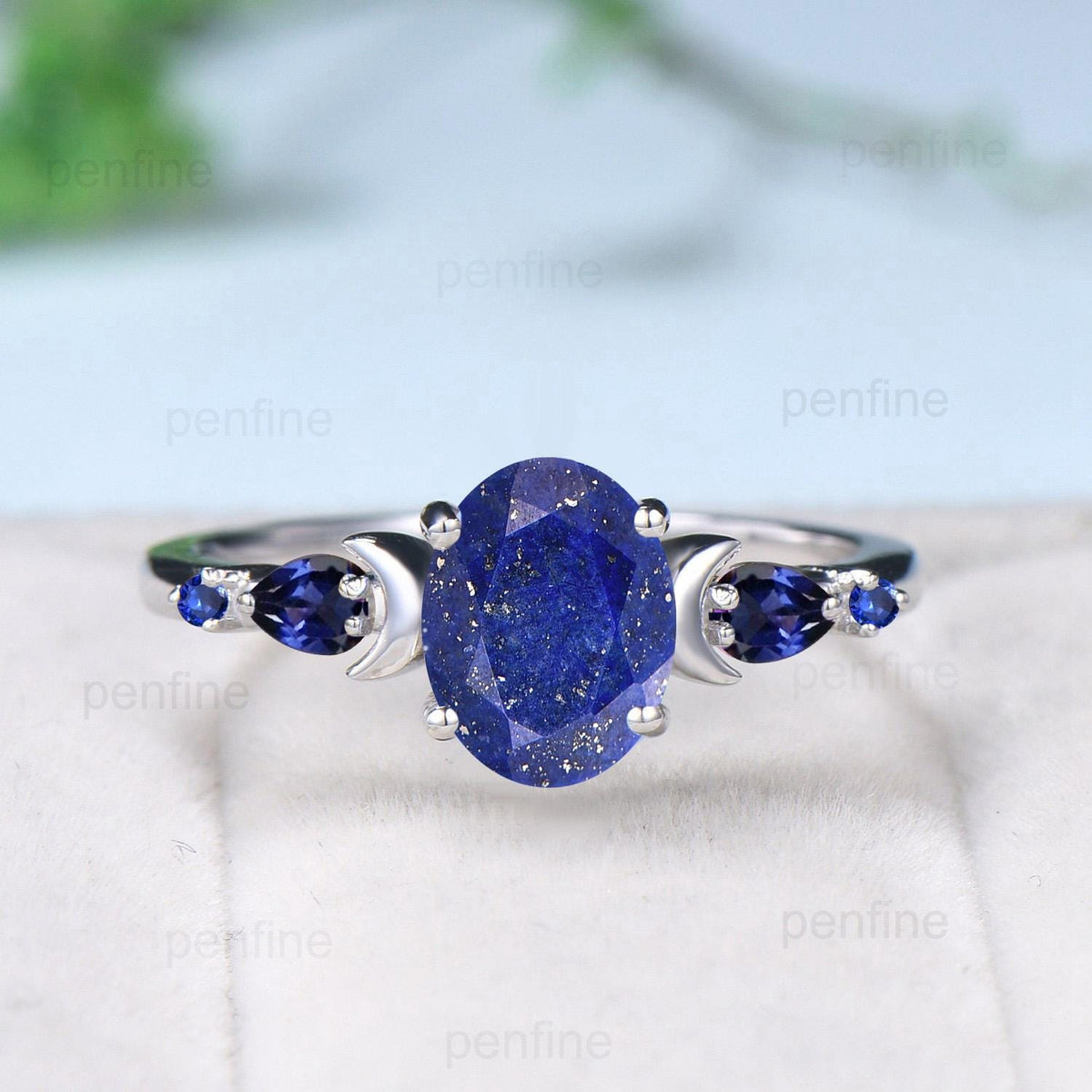 Vintage Moon Design Lapis Lazuli Engagement Ring Set Elegant Cluster pear Sapphire five stone wedding set Blue gemstone promise ring women