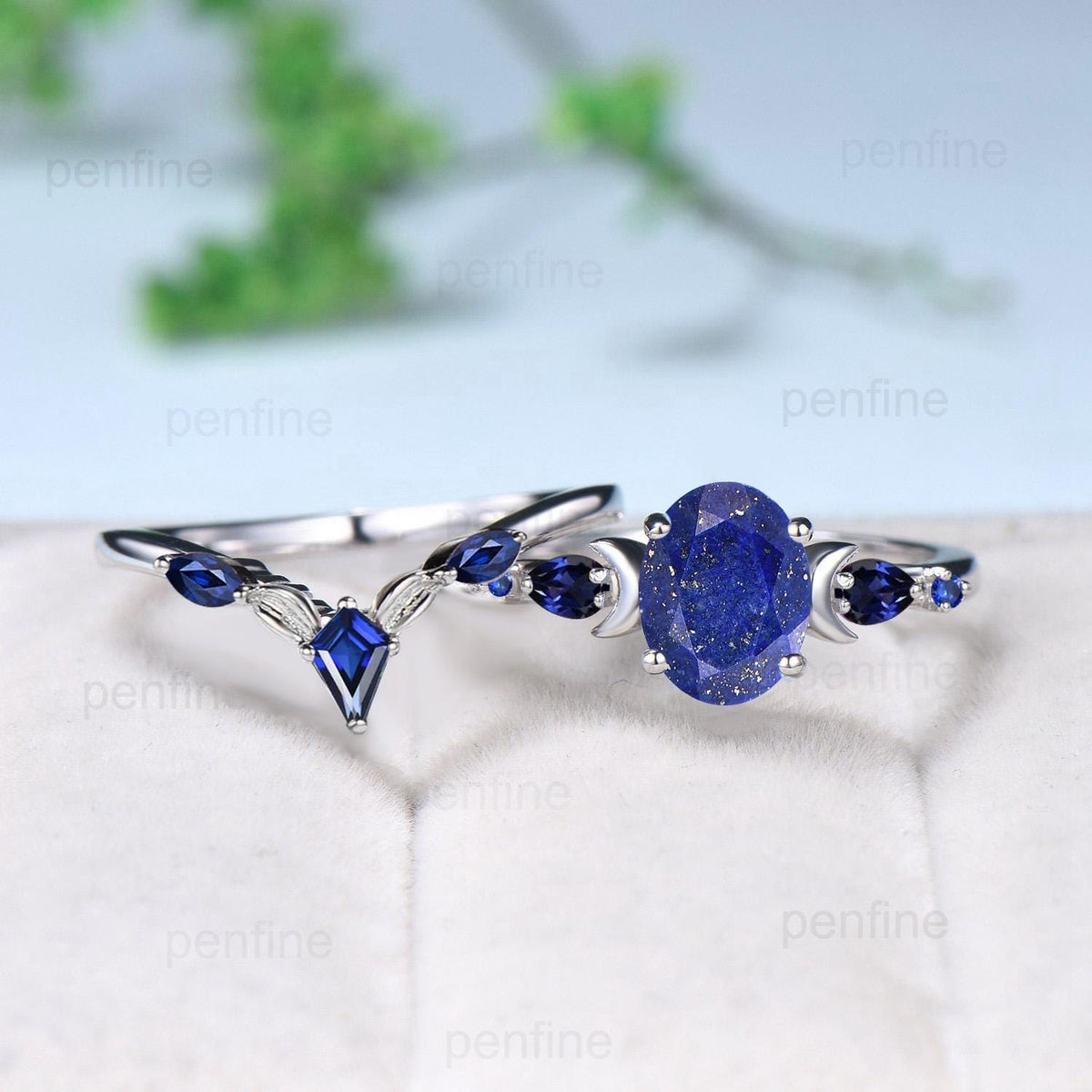Vintage Moon Design Lapis Lazuli Engagement Ring Set Elegant Cluster pear Sapphire five stone wedding set Blue gemstone promise ring women