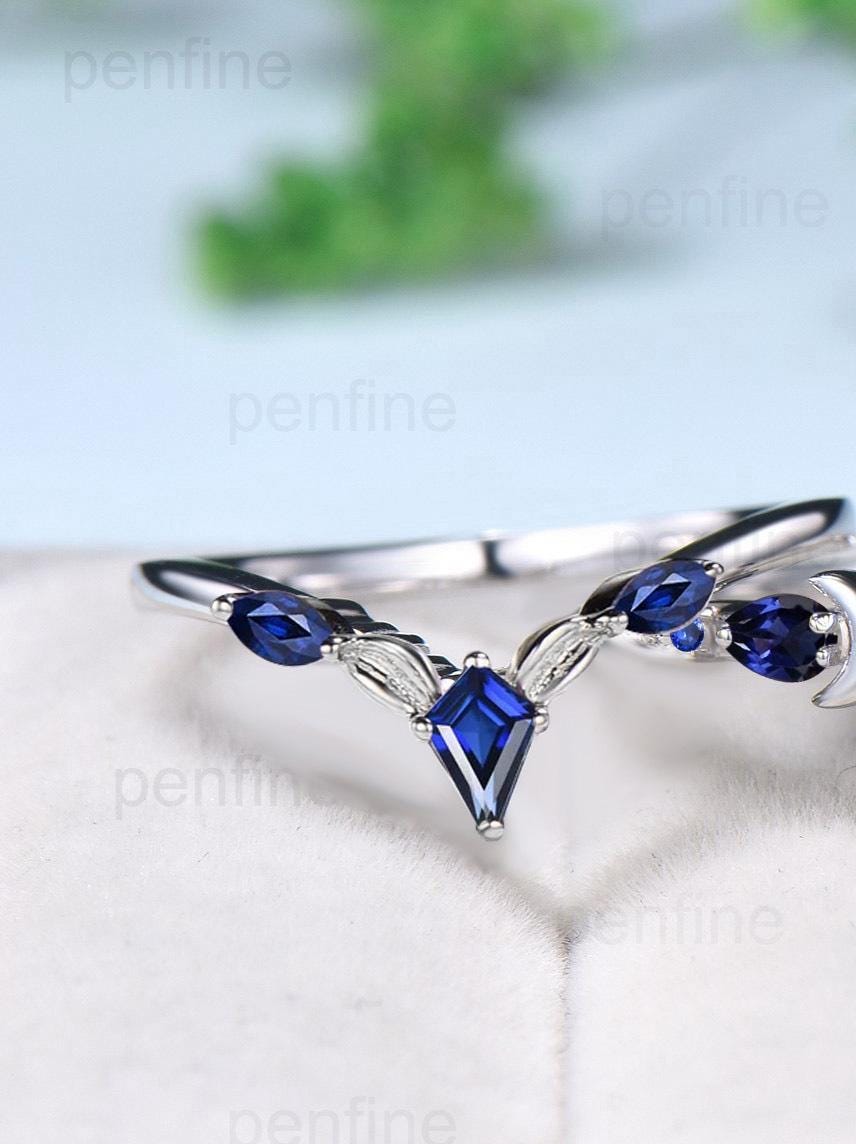 Vintage Moon Design Lapis Lazuli Engagement Ring Set Elegant Cluster pear Sapphire five stone wedding set Blue gemstone promise ring women