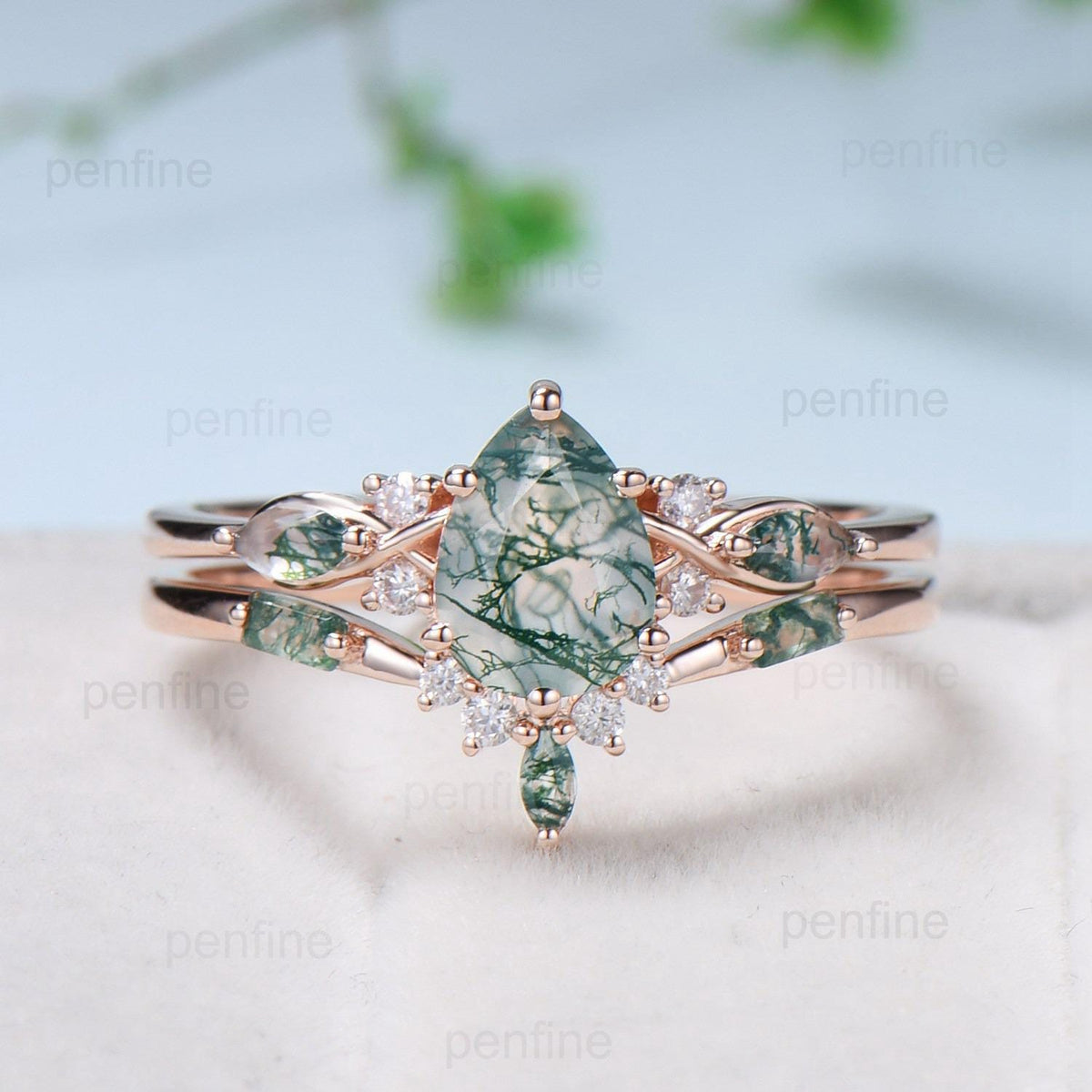 Solid 14K Yellow Gold Pear Shaped Natural Moss Agate Engagement Ring Set Unique Green Agate Agate Vine Art Deco Wedding Ring Set for Women