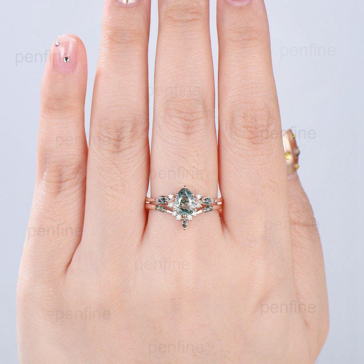Solid 14K Yellow Gold Pear Shaped Natural Moss Agate Engagement Ring Set Unique Green Agate Agate Vine Art Deco Wedding Ring Set for Women