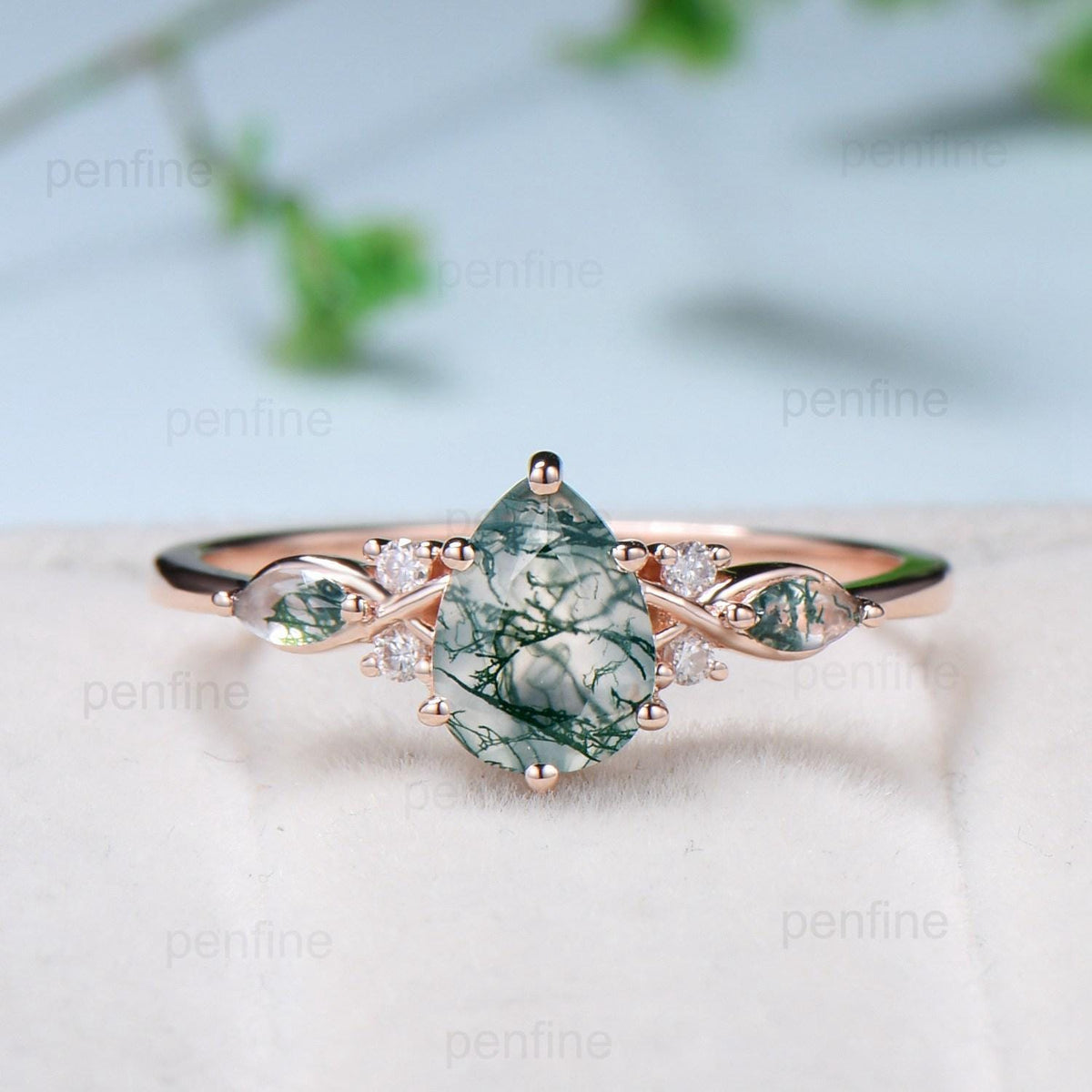 Solid 14K Yellow Gold Pear Shaped Natural Moss Agate Engagement Ring Set Unique Green Agate Agate Vine Art Deco Wedding Ring Set for Women