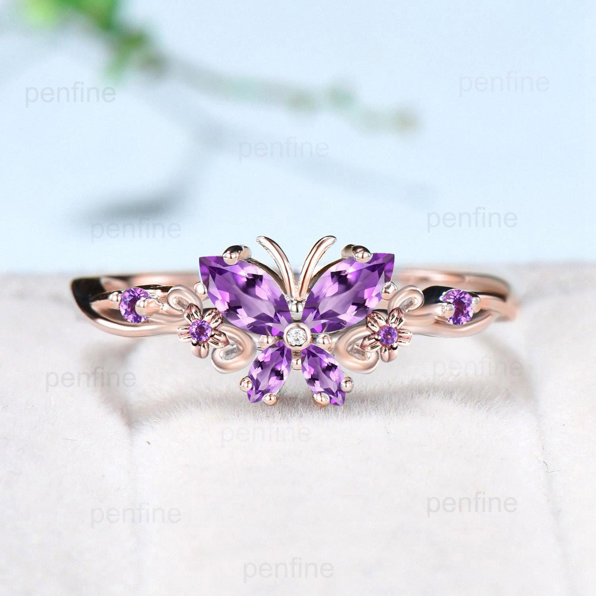 Vintage Butterfly Amethyst Engagement Ring Unique marquise cut purple amethyst silver white gold flower promise ring anniversary gift women