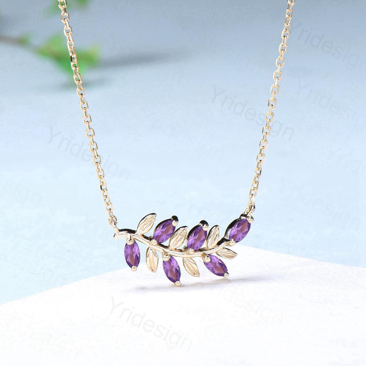 Nature Inspired Amethyst Necklace Unique Marquise Purple Crystal Leaves Pendant Necklace Branch Guard Pendant Elegant Anniversary gift women