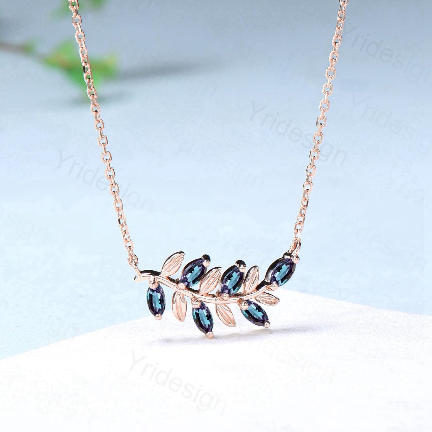 Nature Inspired Alexandrite Necklace Unique Marquise Color Change Leaves Pendant Necklace Branch Guard Pendant Dainty Anniversary gift women