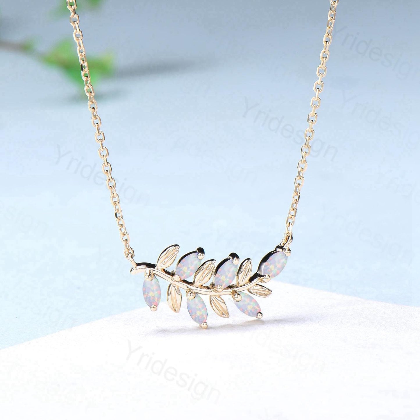 Art Deco White Opal Necklace Unique Marquise Fire Opal Leaves Pendant Necklace Branch Guard Pendant Natural inspired Anniversary gift women