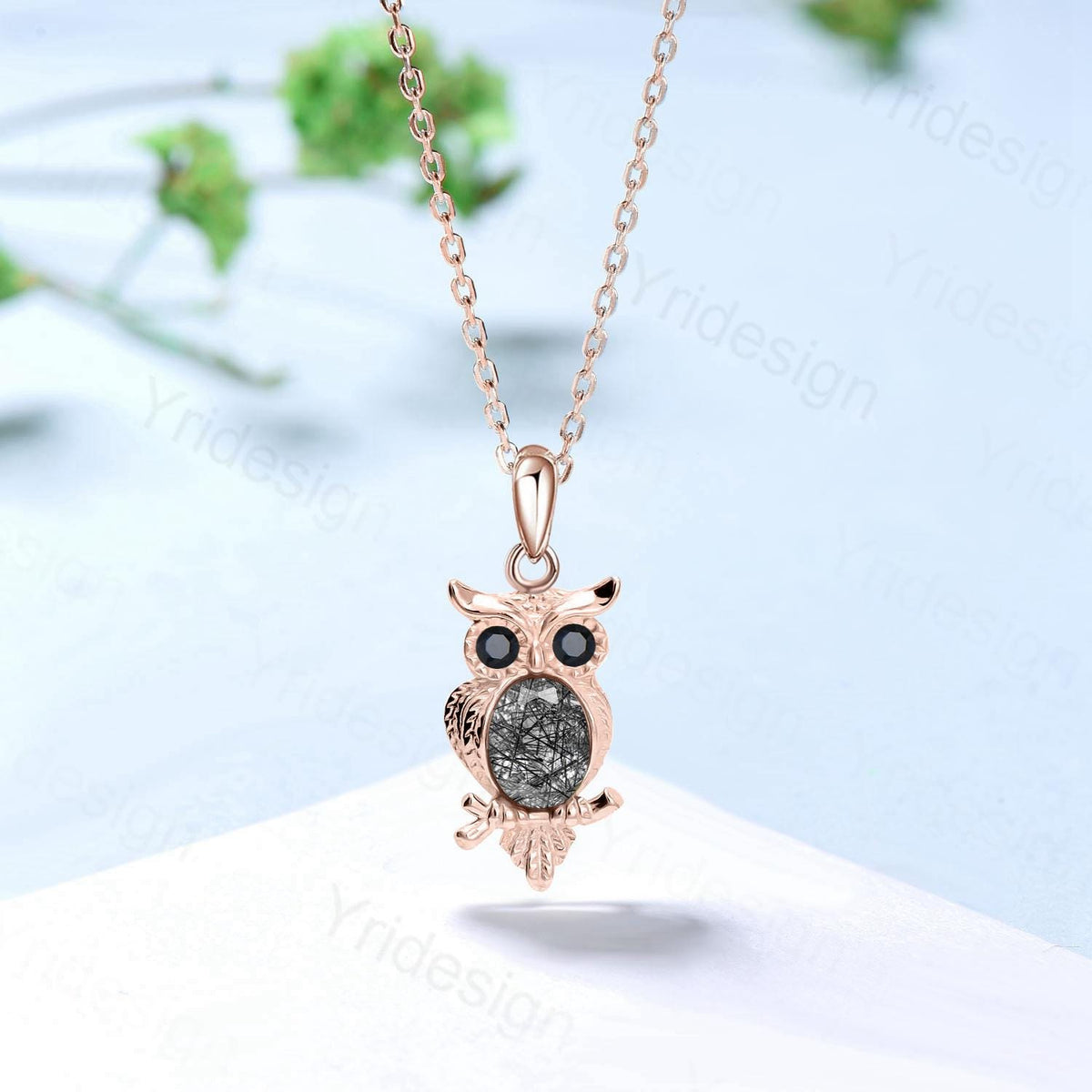 Personalized Owl Pendant Necklace Unique Black Rutilated Quartz Necklace Silver rose gold Pendant Night Cute Owl Animal Inspired Necklace