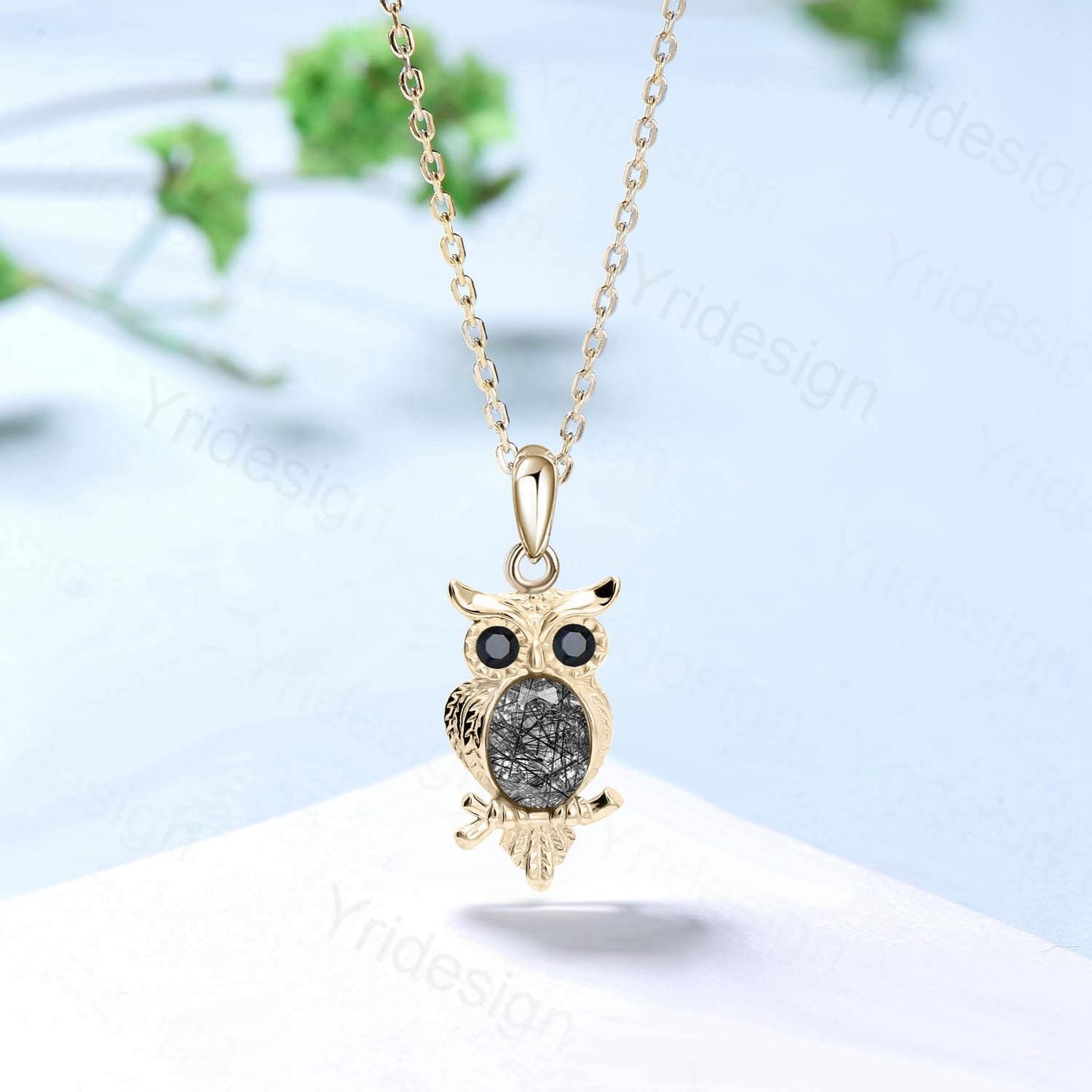 Personalized Owl Pendant Necklace Unique Black Rutilated Quartz Necklace Silver rose gold Pendant Night Cute Owl Animal Inspired Necklace
