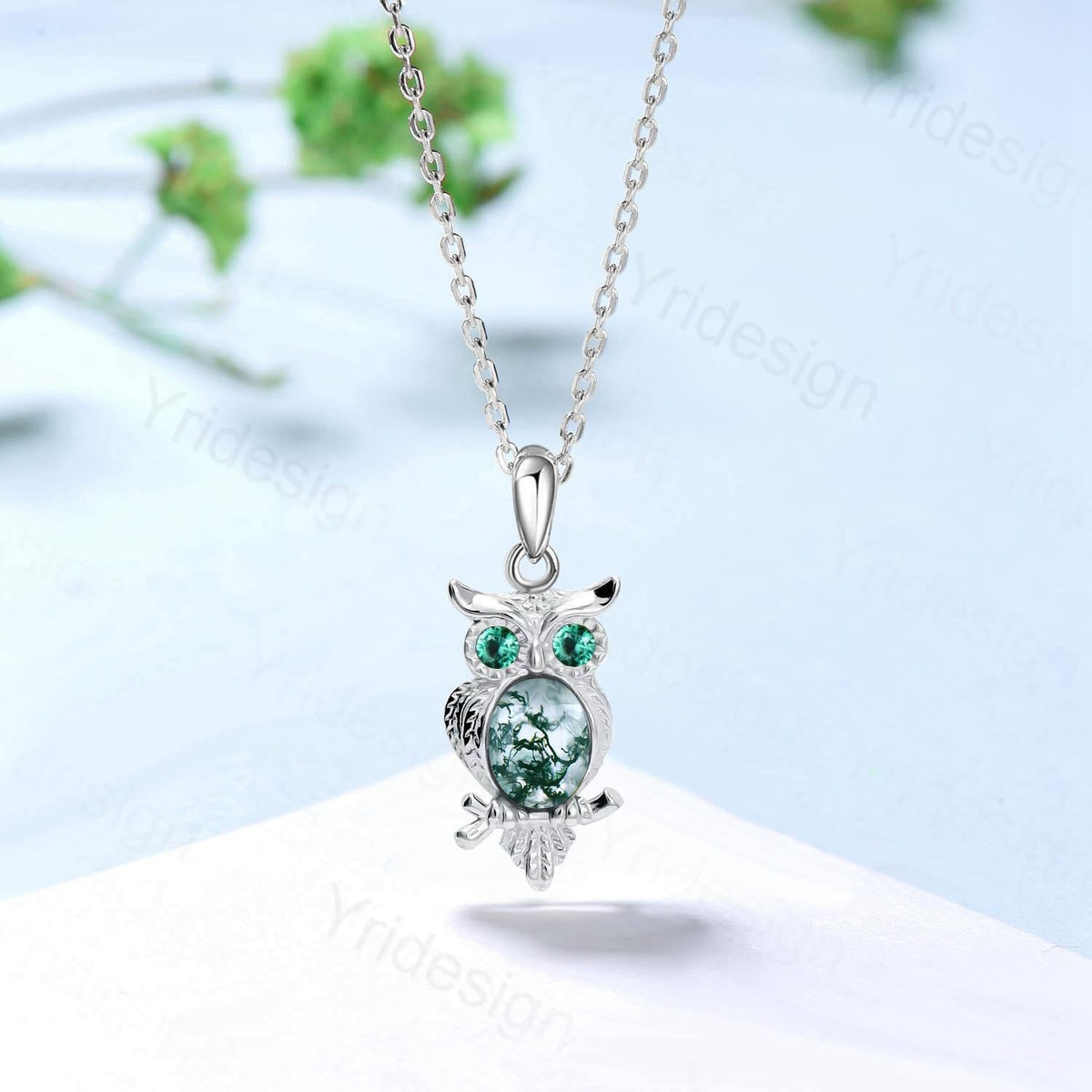 Unique Owl Moss Agate Necklace Personalized Pendant Necklace Silver 18k White Gold Emerald Pendant Night Owl Animal Inspired Promise Gift