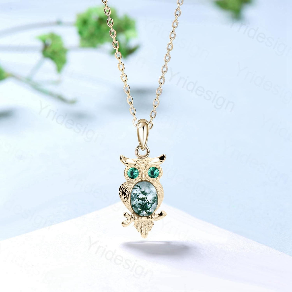Unique Owl Moss Agate Necklace Personalized Pendant Necklace Silver 18k White Gold Emerald Pendant Night Owl Animal Inspired Promise Gift