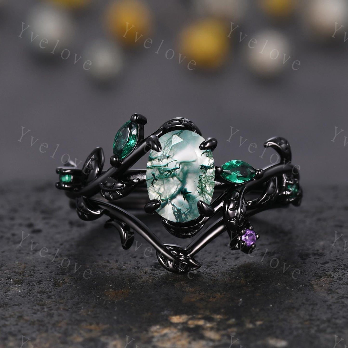 Gothic Oval Cut Moss Agate Engagement Ring,14K Black Gold Leaf Green Emerald Promise Ring Unique Black Rhodium Ring Cluster Bridal Ring Gift