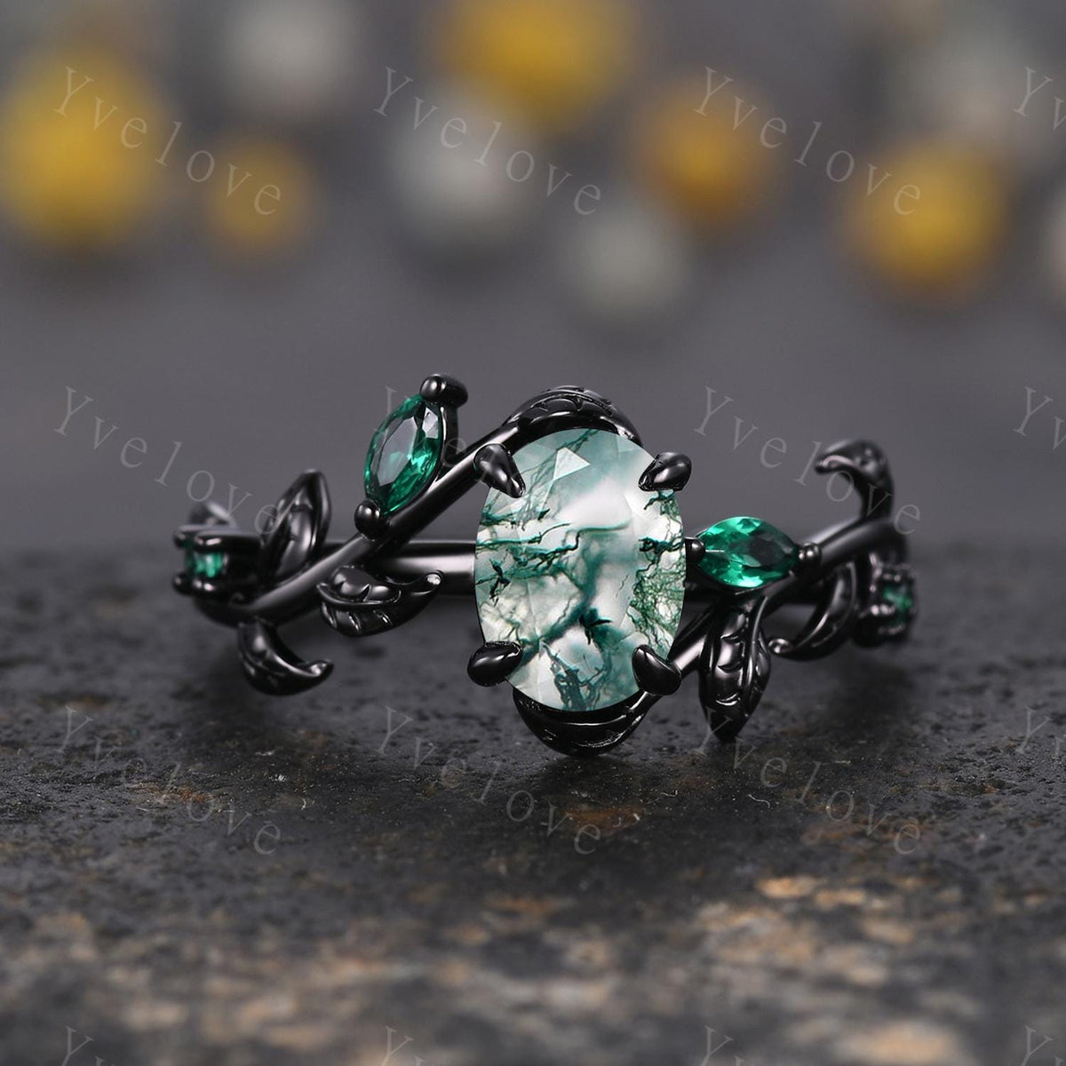 Gothic Oval Cut Moss Agate Engagement Ring,14K Black Gold Leaf Green Emerald Promise Ring Unique Black Rhodium Ring Cluster Bridal Ring Gift