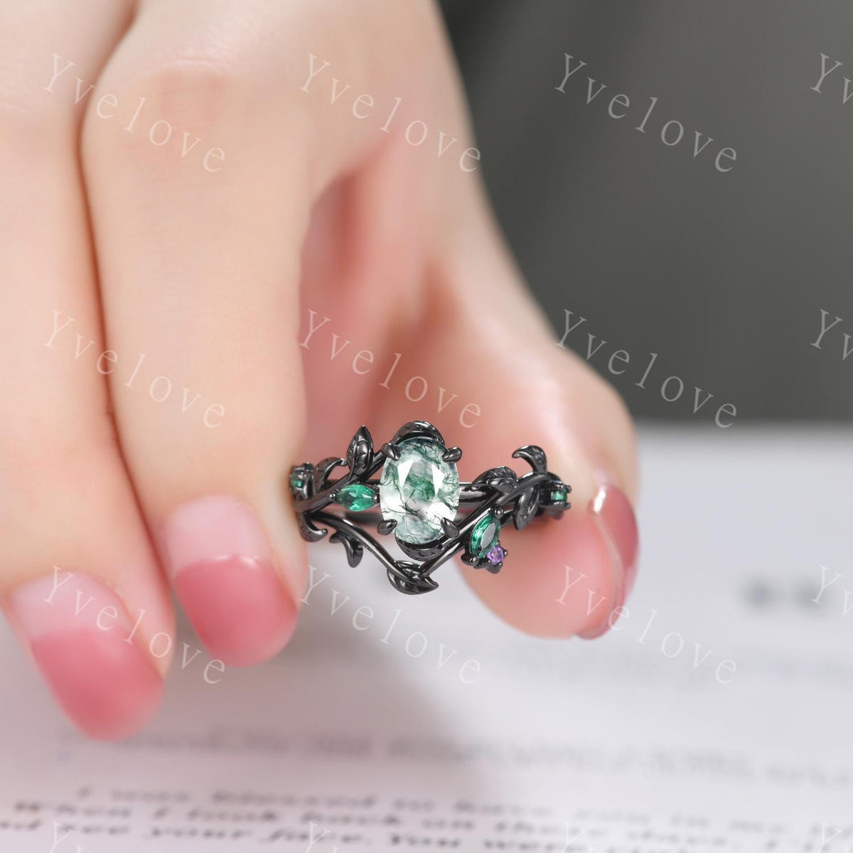 Gothic Oval Cut Moss Agate Engagement Ring,14K Black Gold Leaf Green Emerald Promise Ring Unique Black Rhodium Ring Cluster Bridal Ring Gift