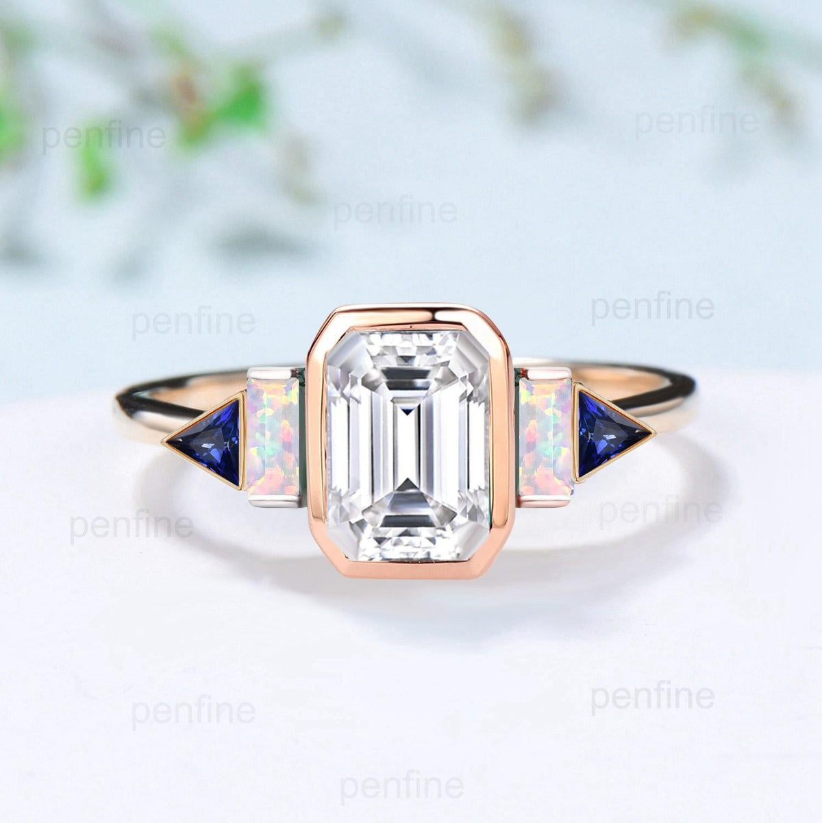 Unique Bezel Set Emerald Cut Moissanite Engagement Ring Retro Baguette Opal Trillion Blue Sapphire Wedding Ring Vintage Anniversary Ring