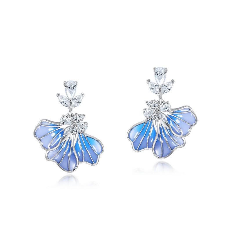 Dainty fire blue iris earrings unique enamel stud earrings silver white gold art deco pendant necklace Handmade Proposal Gift