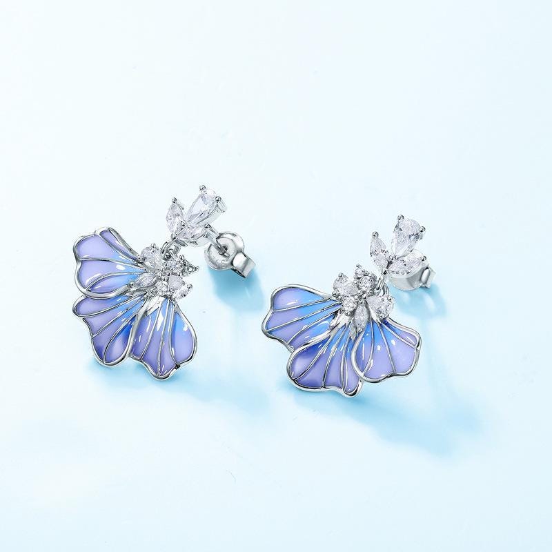 Dainty fire blue iris earrings unique enamel stud earrings silver white gold art deco pendant necklace Handmade Proposal Gift