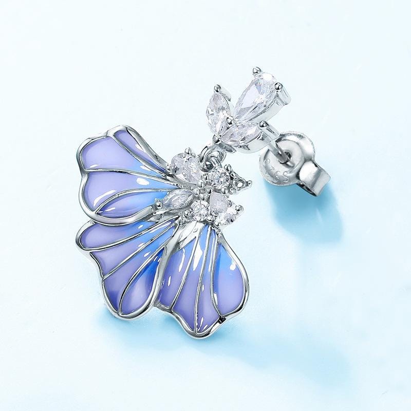 Dainty fire blue iris earrings unique enamel stud earrings silver white gold art deco pendant necklace Handmade Proposal Gift
