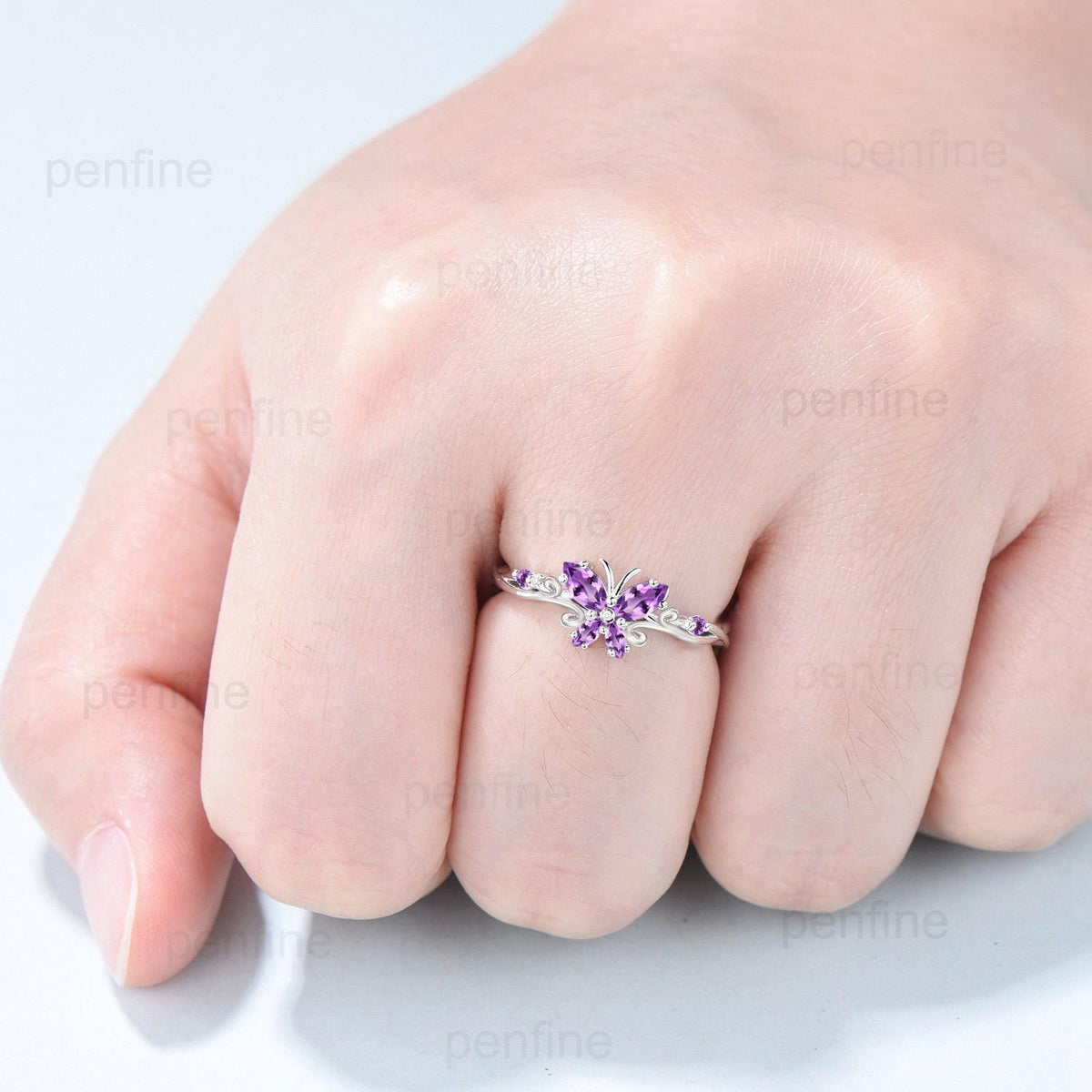 Unique Butterfly wedding ring vintage marquise amethyst engagement ring purple crystal silver white gold custom anniversary gift  for women