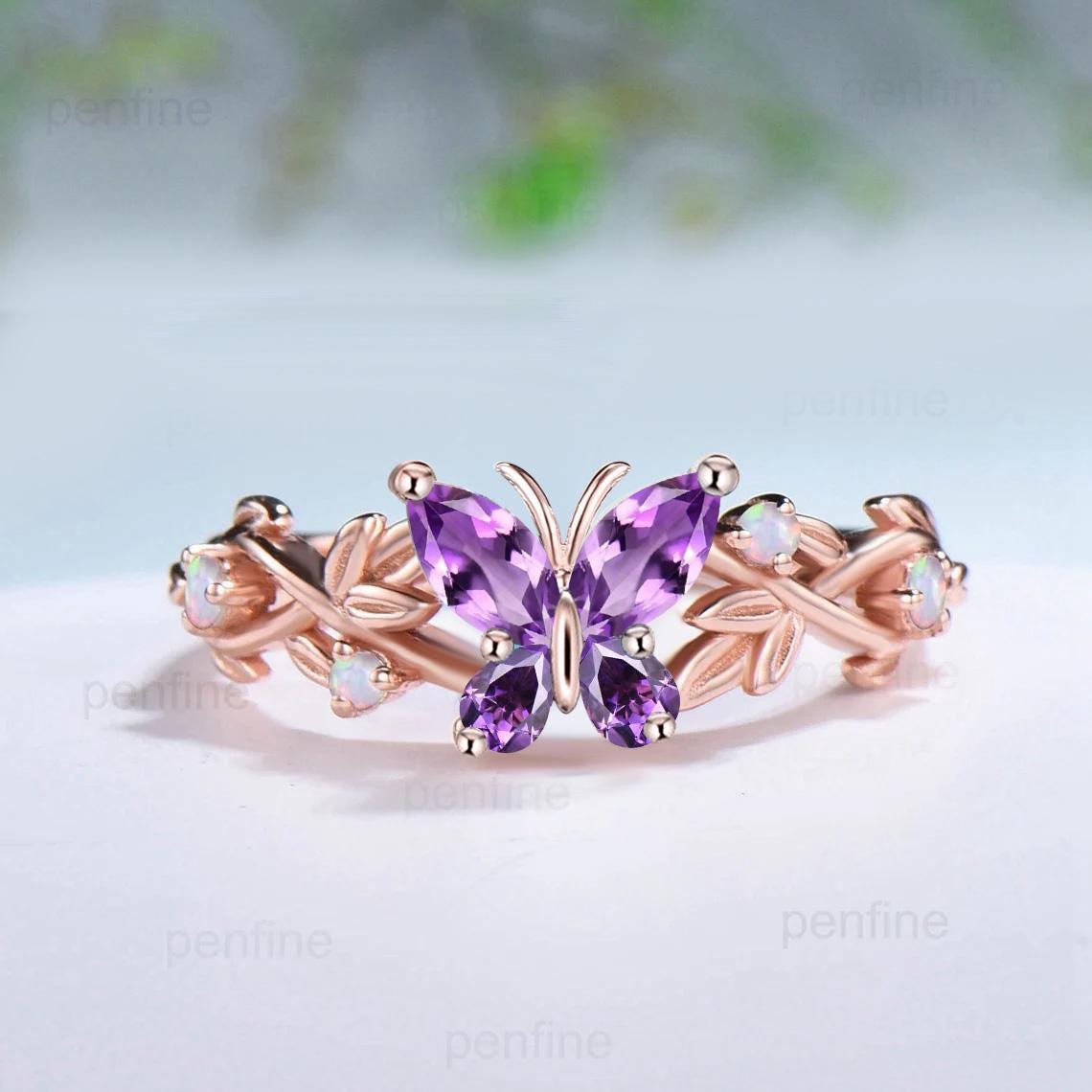 Nature inspired amethyst engagement ring set Twig leaf vine butterfly wedding set rose gold opal moissanite stacking bridal ring set women