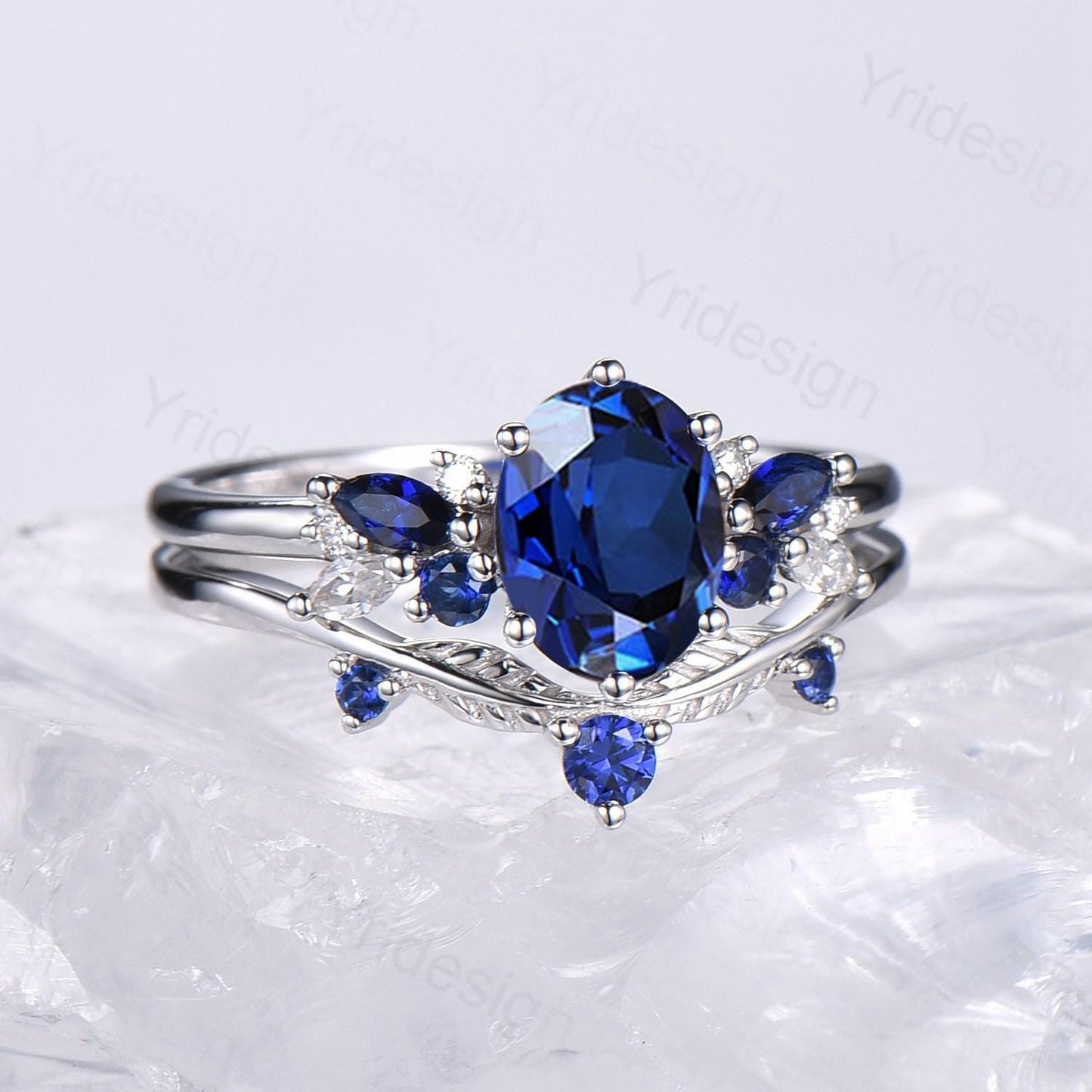 Vintage Sapphire Engagement Ring Set, 10K 14K 18K Solid White Gold Blue Sapphire Wedding Set, Leaf Stacking Band Bridal Promise Rings Set