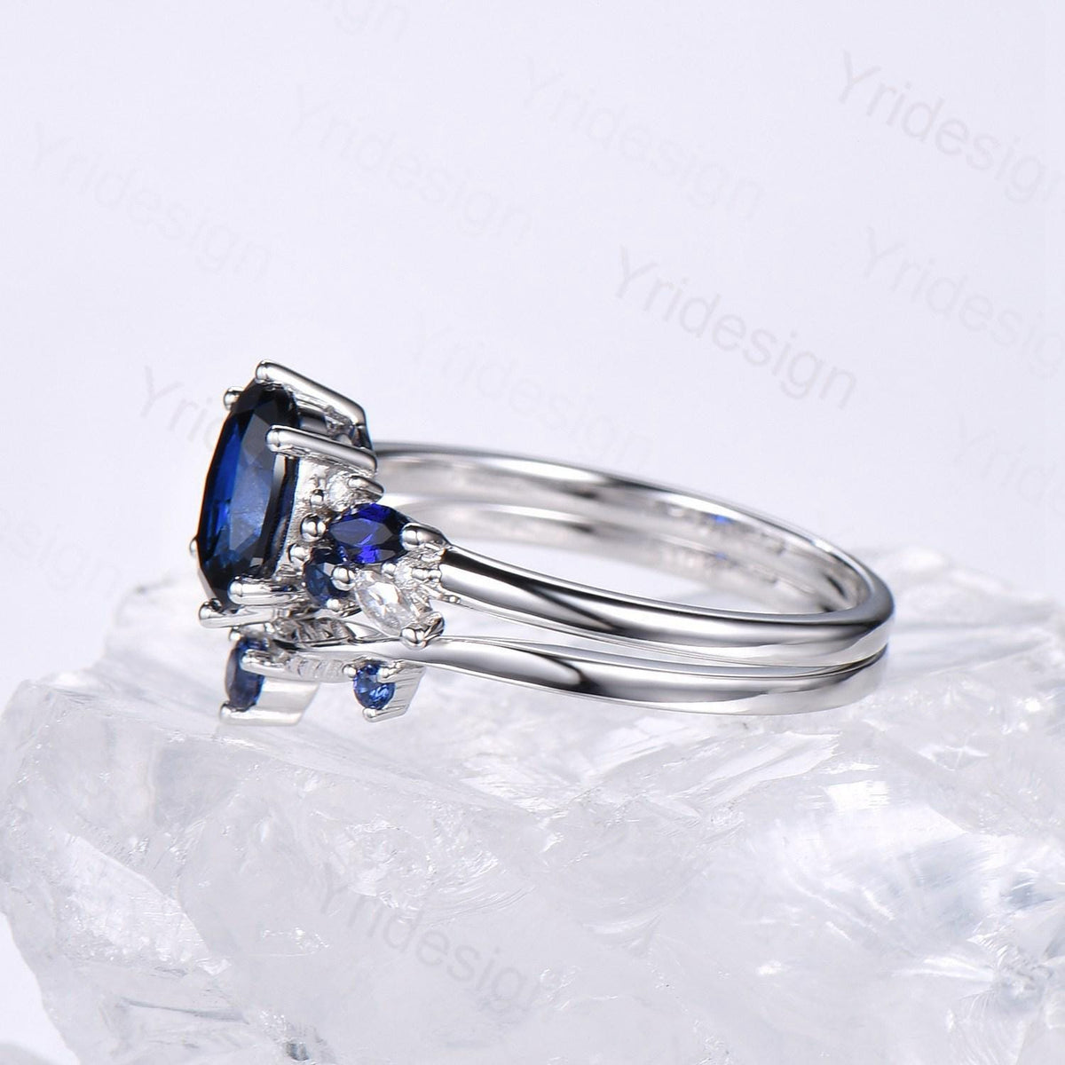 Vintage Sapphire Engagement Ring Set, 10K 14K 18K Solid White Gold Blue Sapphire Wedding Set, Leaf Stacking Band Bridal Promise Rings Set