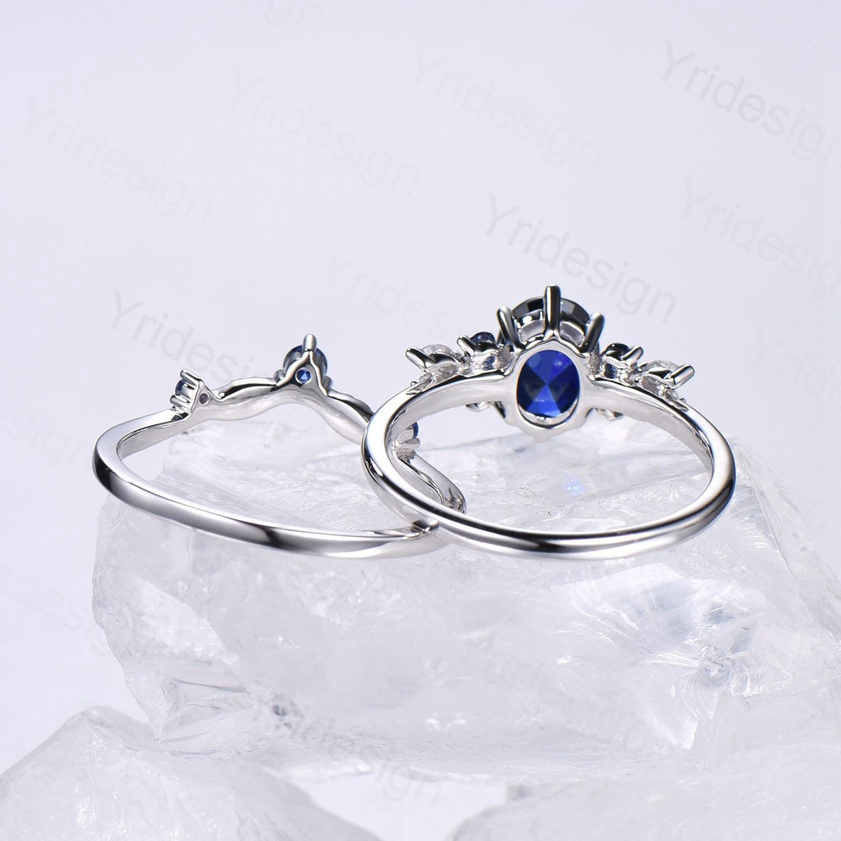 Vintage Sapphire Engagement Ring Set, 10K 14K 18K Solid White Gold Blue Sapphire Wedding Set, Leaf Stacking Band Bridal Promise Rings Set