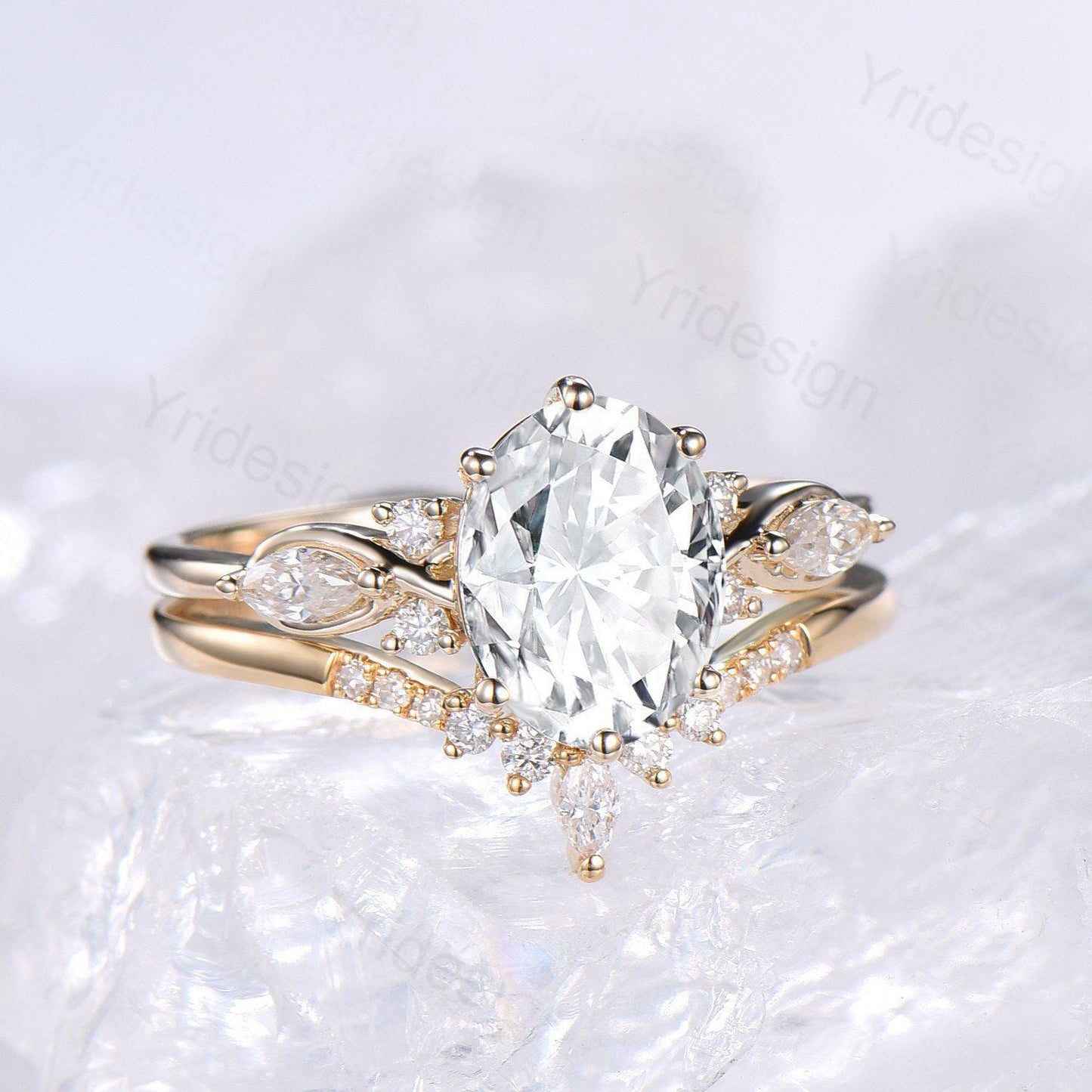 2 Carat oval cut Moissanite Engagement Ring Set, Solid 14K yellow gold VS-D flawless moissanite ring women, Vintage seven stone bridal set