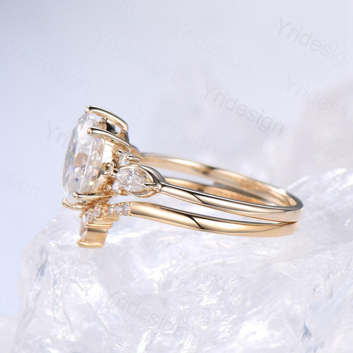 2 Carat oval cut Moissanite Engagement Ring Set, Solid 14K yellow gold VS-D flawless moissanite ring women, Vintage seven stone bridal set