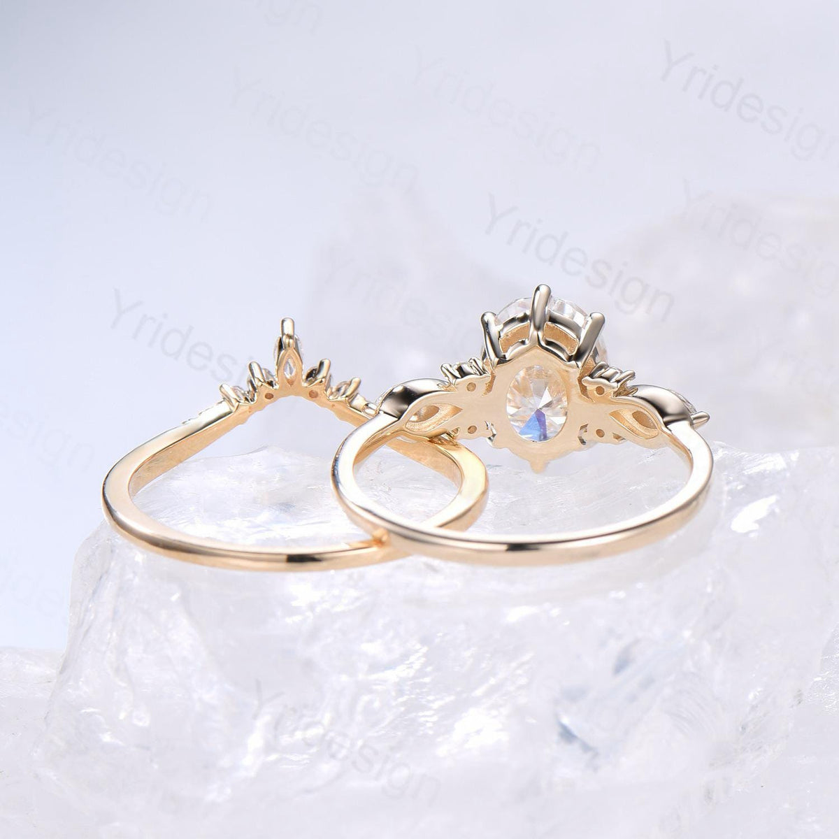2 Carat oval cut Moissanite Engagement Ring Set, Solid 14K yellow gold VS-D flawless moissanite ring women, Vintage seven stone bridal set