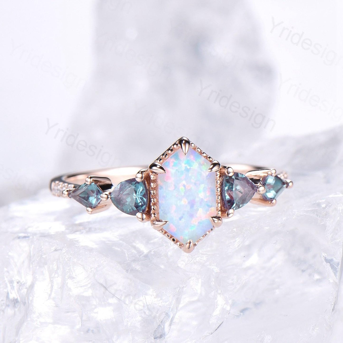Vintage long hexagon opal engagement ring rose gold triangle kite alexandrite  fire opal wedding ring rose gold October birthstone ring gift