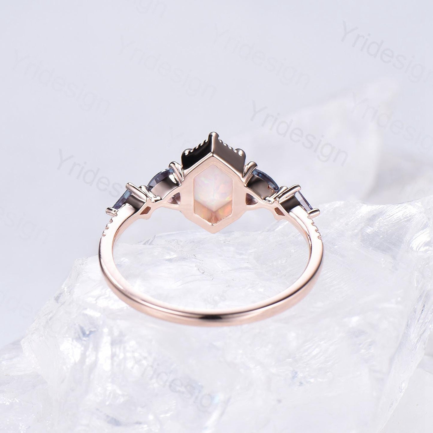 Vintage long hexagon opal engagement ring rose gold triangle kite alexandrite  fire opal wedding ring rose gold October birthstone ring gift