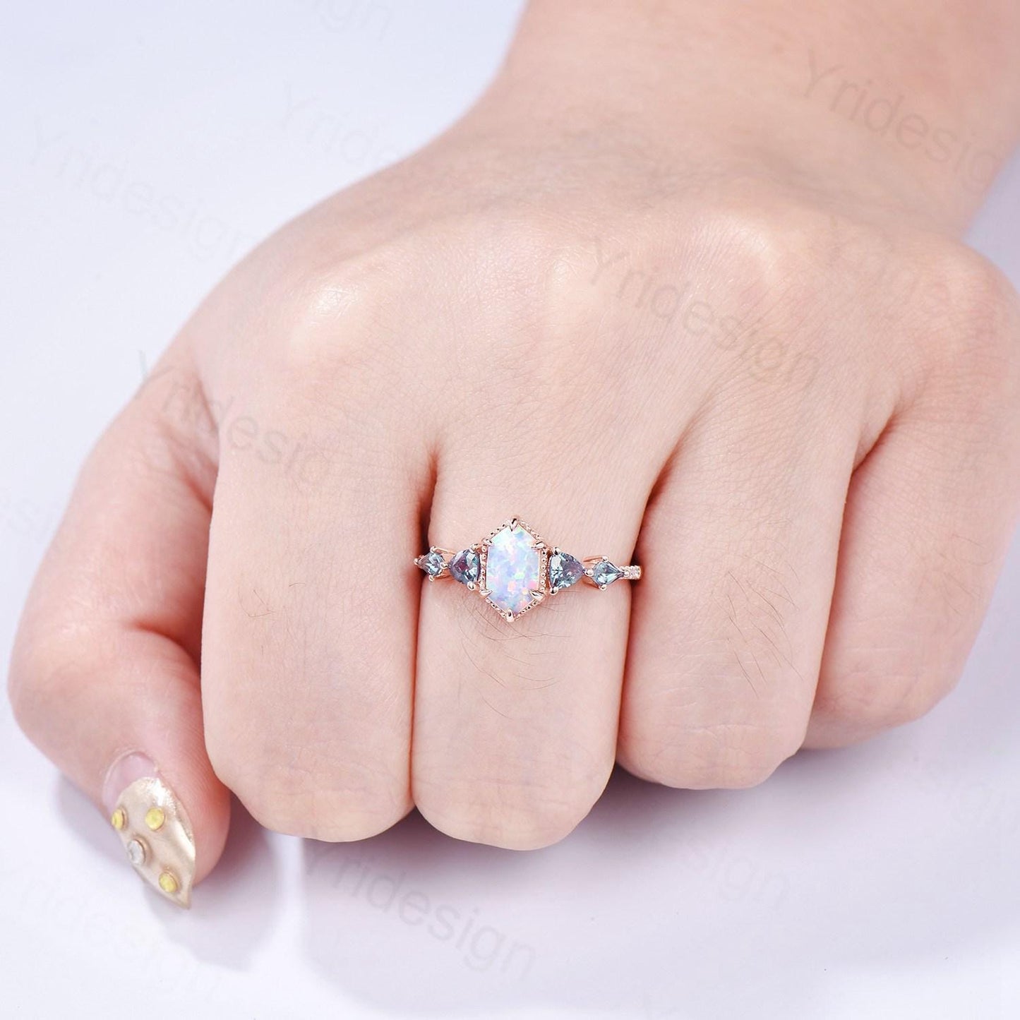 Vintage long hexagon opal engagement ring rose gold triangle kite alexandrite  fire opal wedding ring rose gold October birthstone ring gift
