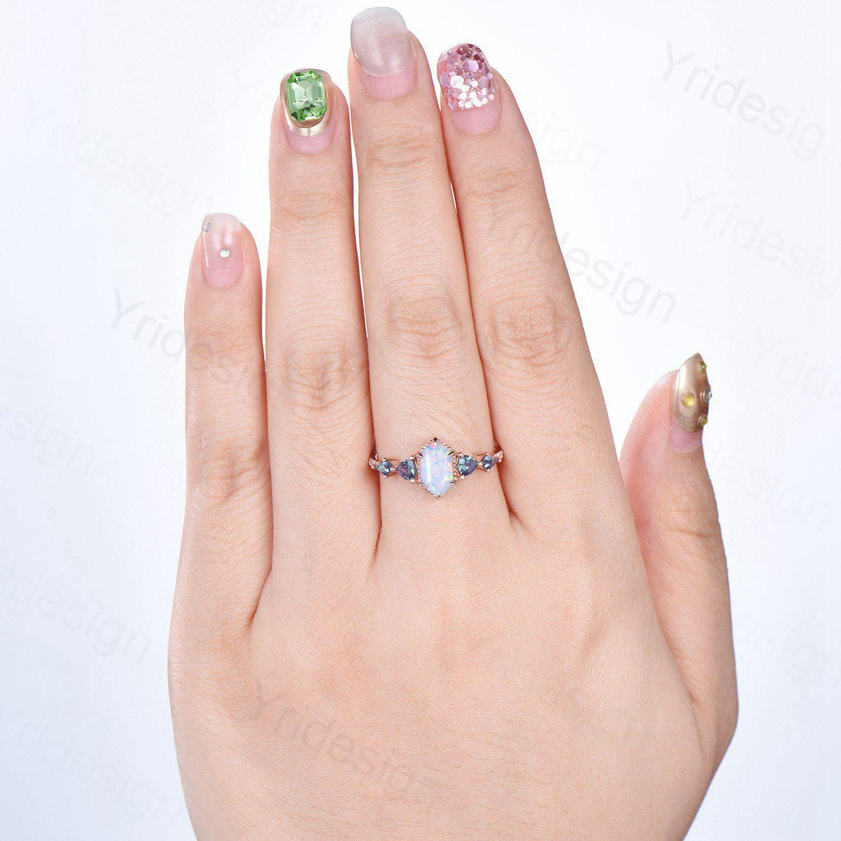 Vintage long hexagon opal engagement ring rose gold triangle kite alexandrite  fire opal wedding ring rose gold October birthstone ring gift