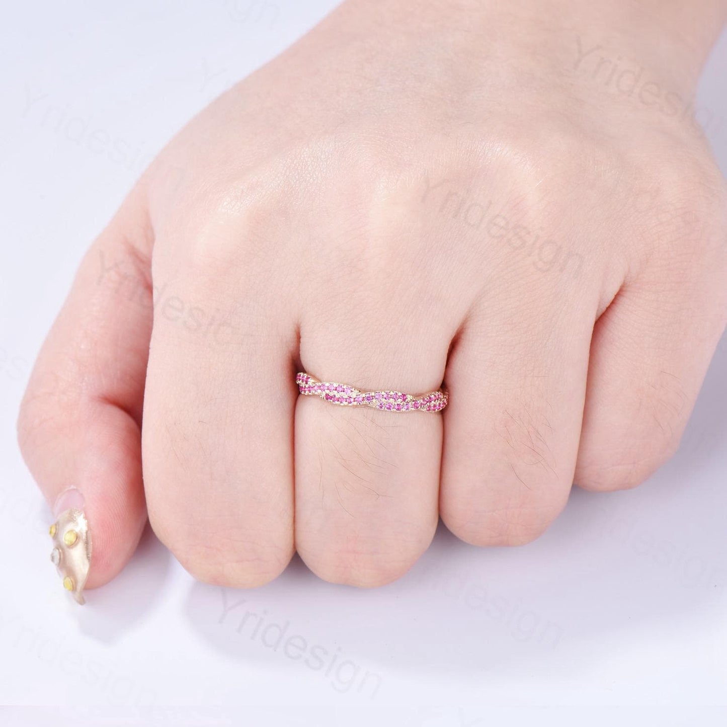 Solid 14k yellow gold ruby wedding band, twisted shape full eternity ruby wedding ring, retro stackable band engagement anniversary gift