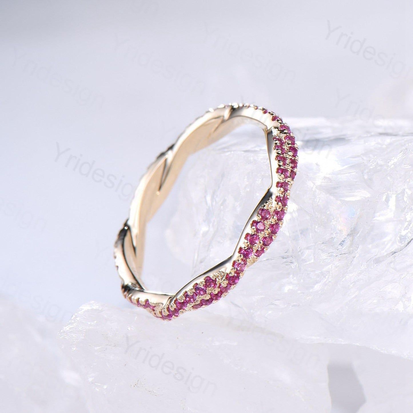 Solid 14k yellow gold ruby wedding band, twisted shape full eternity ruby wedding ring, retro stackable band engagement anniversary gift