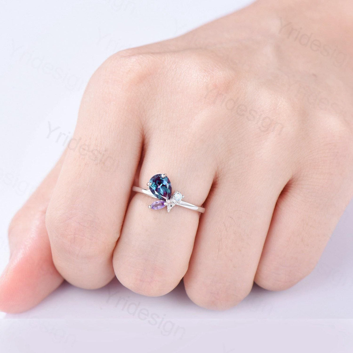 Unique Bee Ring, Pear Shaped Alexandrite Engagement Ring, Three Stone Color Change Wedding Ring For Women, Marquise Cut Amethyst Opal Band