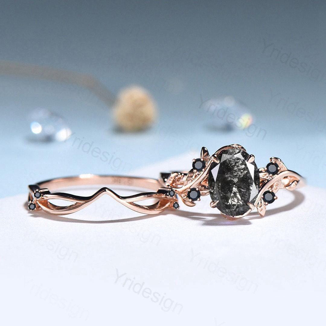 Unique salt and pepper diamond engagement ring set Nature Inspired black spinel wedding ring vintage leaf vine bridal ring set for women