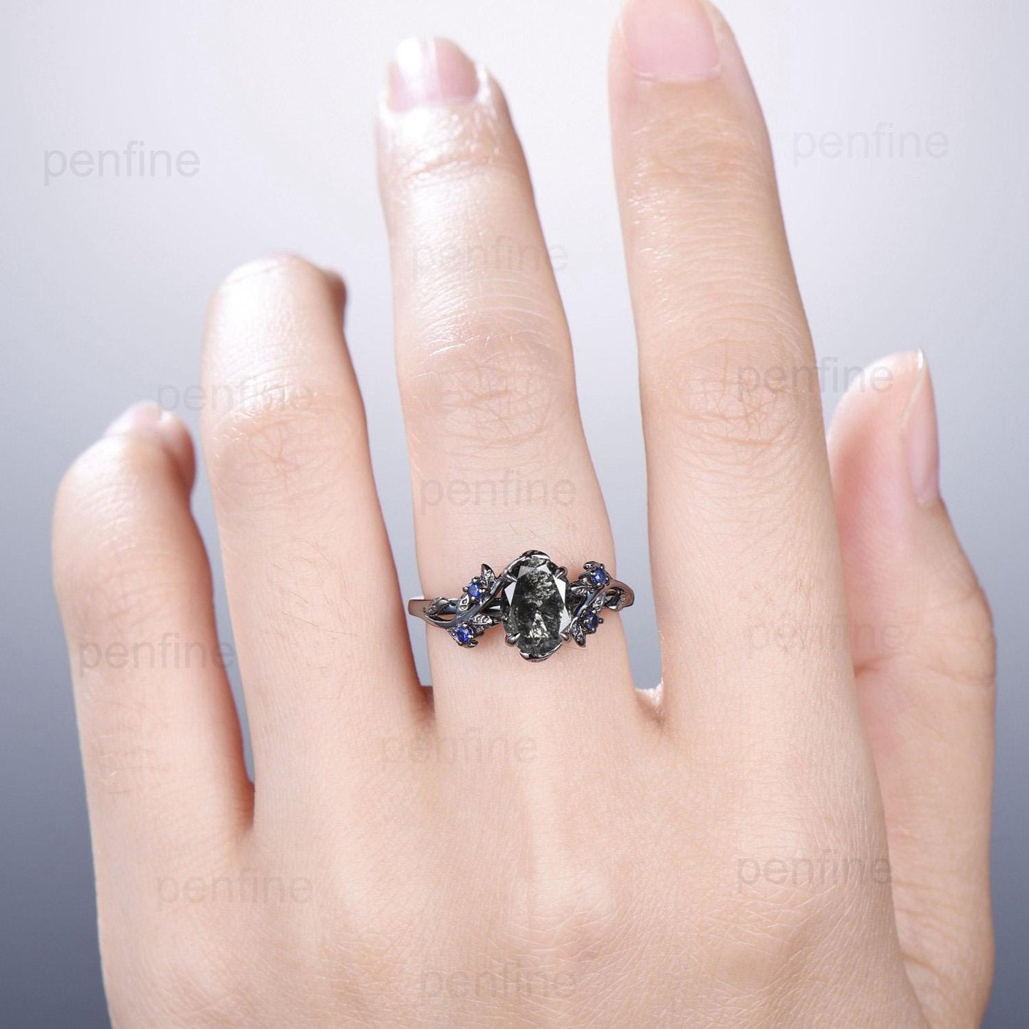 Nature Inspired salt and pepper diamond engagement ring Unique 14K black gold twig engagement ring cluster sapphire wedding ring for women